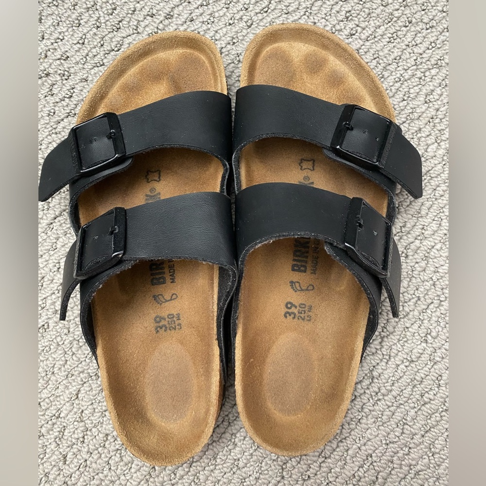 Birkenstock Arizona Black Leather Slide Unisex Sandals Sz 39 W 8-8.5 M 6.5-7